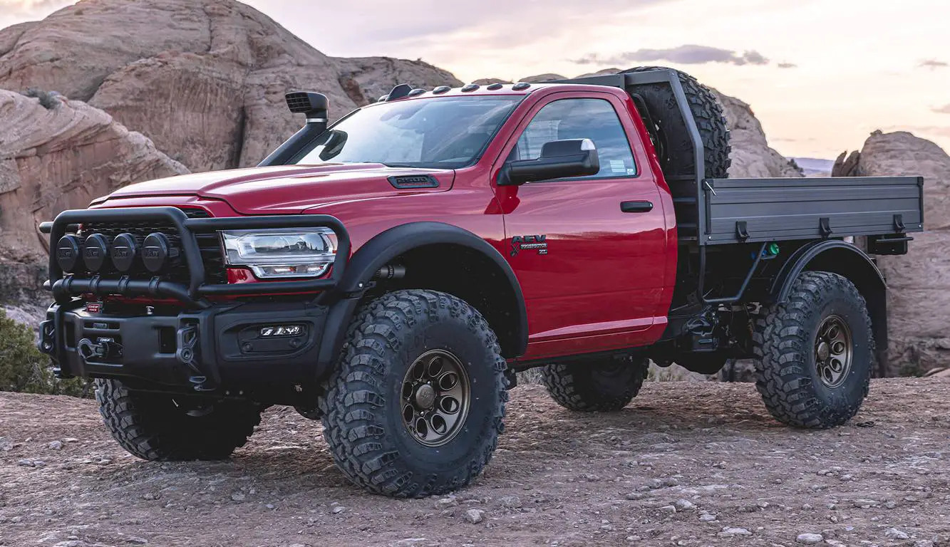 American Expedition Vehicles (AEV) makes a whole range of trucks based on the Ram 2500 chassis and drivetrain. The new Prospector XL Tray Bed combines a short single cab with a roomy aluminum tray for cargo and serious off-road equipment.